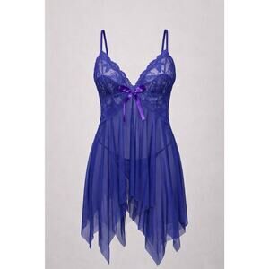 Womens Medium Royal Blue Lace Babydoll Lingerie Purple Bow Sheer Set NWT Thong
